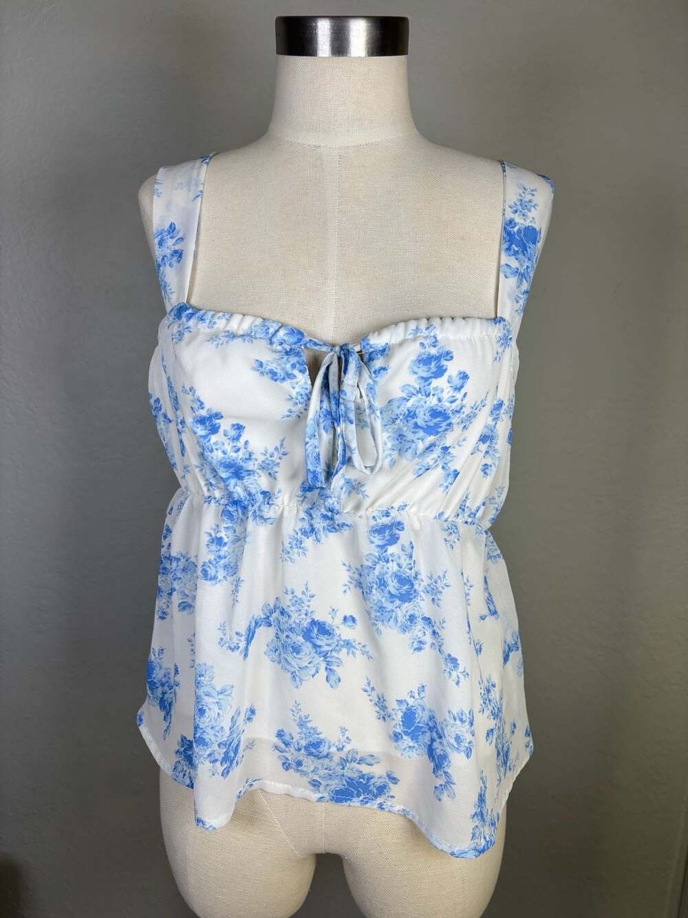Sugar Kiss Blue And White Floral Chiffon Tie Front Tank Top